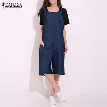 

ZANZEA Womens Jumpsuits 2020 Adjustable Strappy Dungaress Pockets Wide Leg Denim Blue Retro Rompers Calf Length Bib Overalls