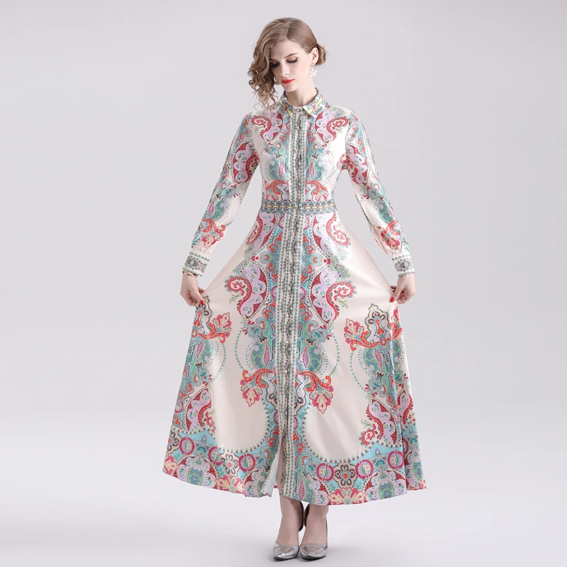 

HAMALIEL Vintage Women Long Dress 2019 Summer Long Sleeve Floral Print Single breasted Holiday Maxi Dress Elegant Shirt Vestidos