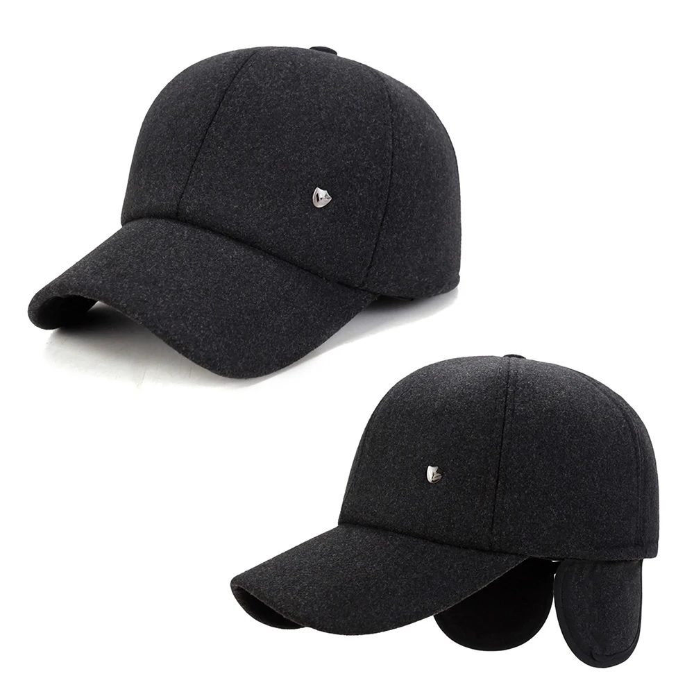 

Men Wool Thicken Earmuffs Baseball Cap Winter Warm Adjustable Outdoor Sports Snapback Cap Solid Harajuku Simple Black Dark Gray