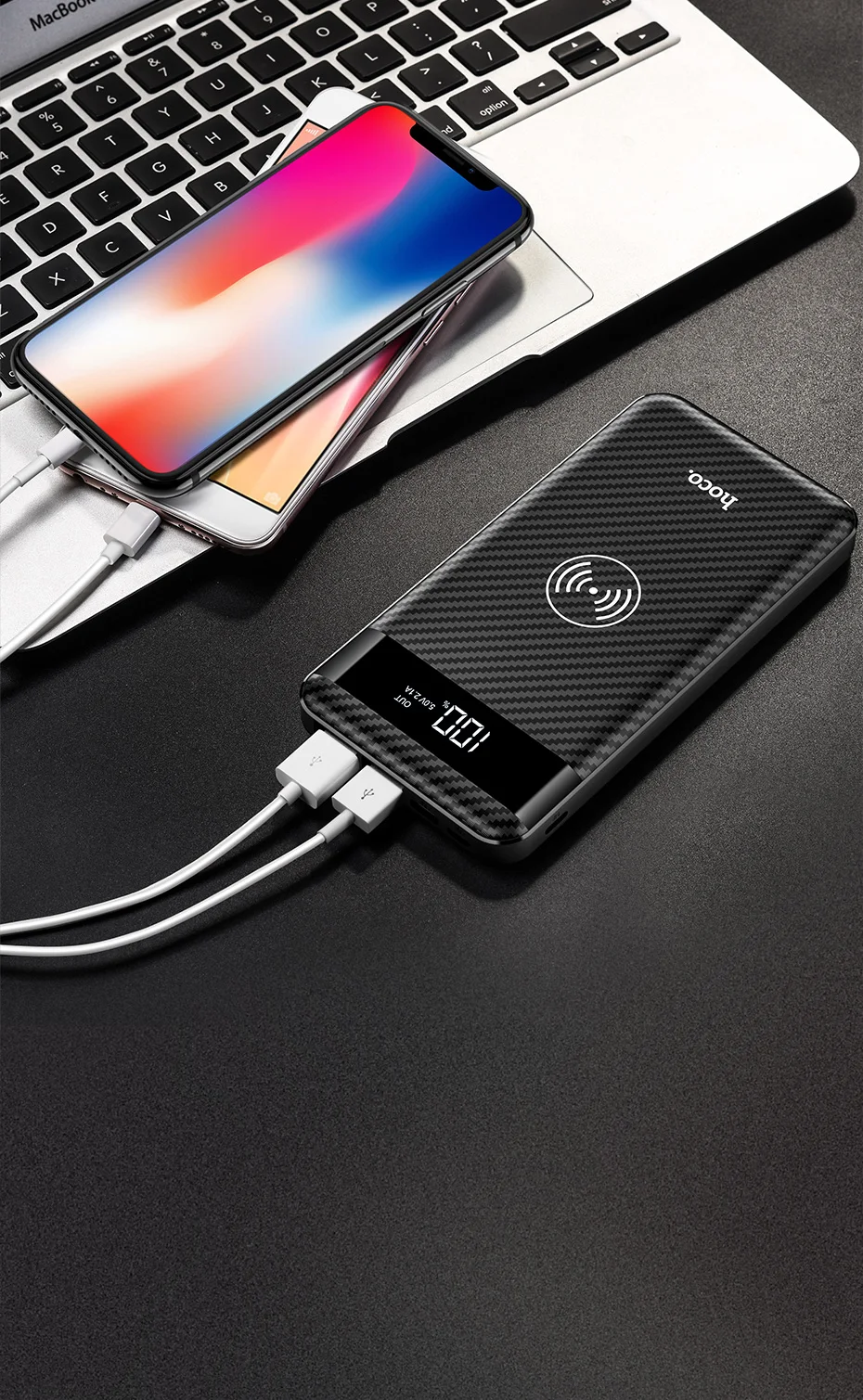 HOCO Qi Беспроводное зарядное устройство power Bank 10000 мАч портативный двойной USB с цифровым дисплеем внешний аккумулятор power bank для iphone X 8