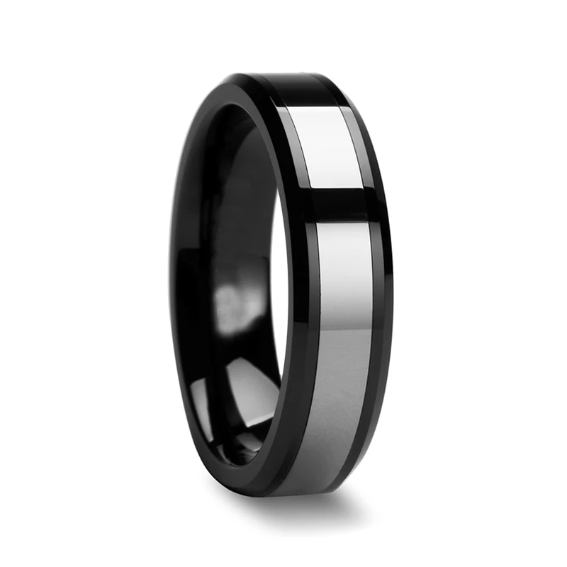

Beveled Black Ceramic Ring with tungsten Inlay /TURI1005M /US width 8mm