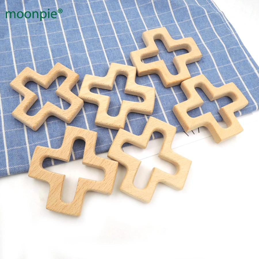 10pcs 74mm handmade Hollow carving cross shaped beech wooden teether