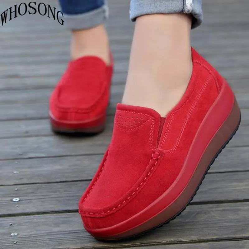 

WHOSONG women flats shoes platform sneakers shoes leather suede casual shoes slip on flats heels creepers moccasins M03