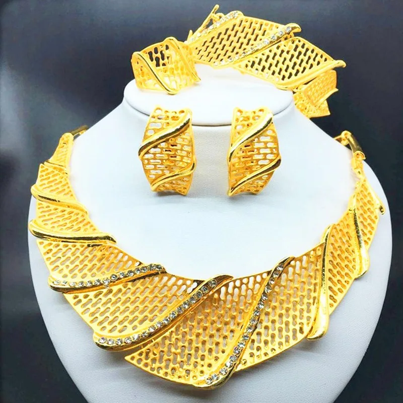 

F&Y African Jewelry Sets for Women Big Necklace Fashion Nigerian Wedding Gold Color Jewelry Set Dubai Crystal jewelry