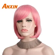 Anxin парик с короткими вьющимися волосами 12 ''розовый с челкой женщин Косплей Аниме бобо парик