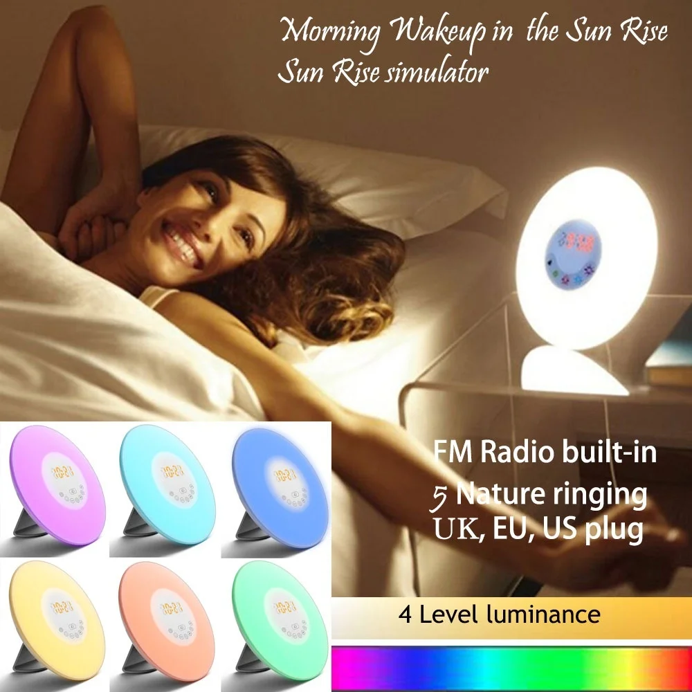 

Wake up Sunrise Simulation Alarm Clock Light FM Radio Lamp Sounds Touch Control Colorful Atmosphere Lamp Bedside Light