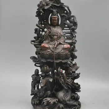 

18'' China Kwan-yin Guanyin Buddha Sit Lotus Dragon Kid Goddess Bronze Statue