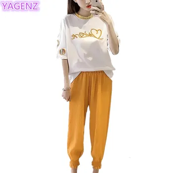 

YAGENZ Tracksuit Women Summer New Students Loose Casual Fashion Chiffon 2 Pieces Set Short sleeves Tops+Nine points Pants A208