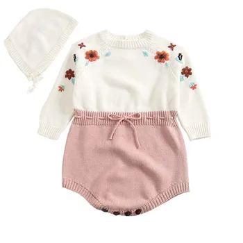 

2018 New Baby Girls Clothes Knitted Bodysuits for Baby Clothing with Hat Embroidery Girls Clothes Baby Girl Knitting Sweater