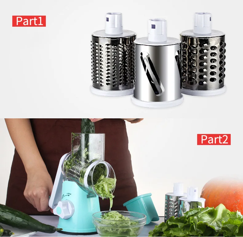 Manual Hand Safe Grater Vegetable Cutter Peeler Cutting Dicer Spiralizer Slicer Chopper 3 Interchangeable Round Rotary Blades