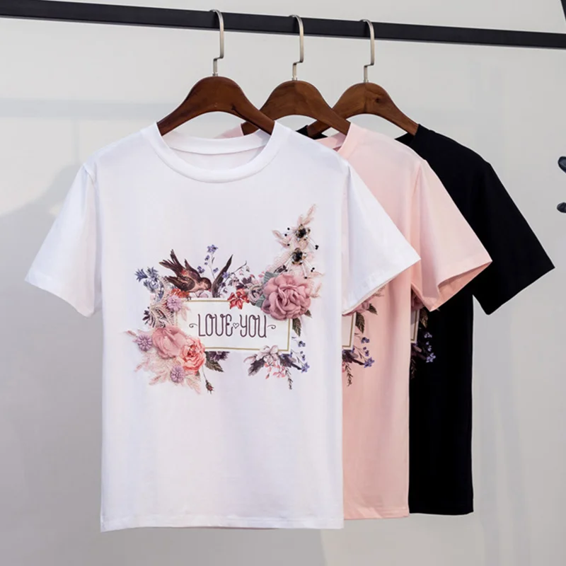 Женская футболка с 3D вышивкой, футболка с бисером, топы с круглым вырезом, коротким рукавом, аппликацией в виде цветка, женские футболки, весенне-Летняя женская одежда