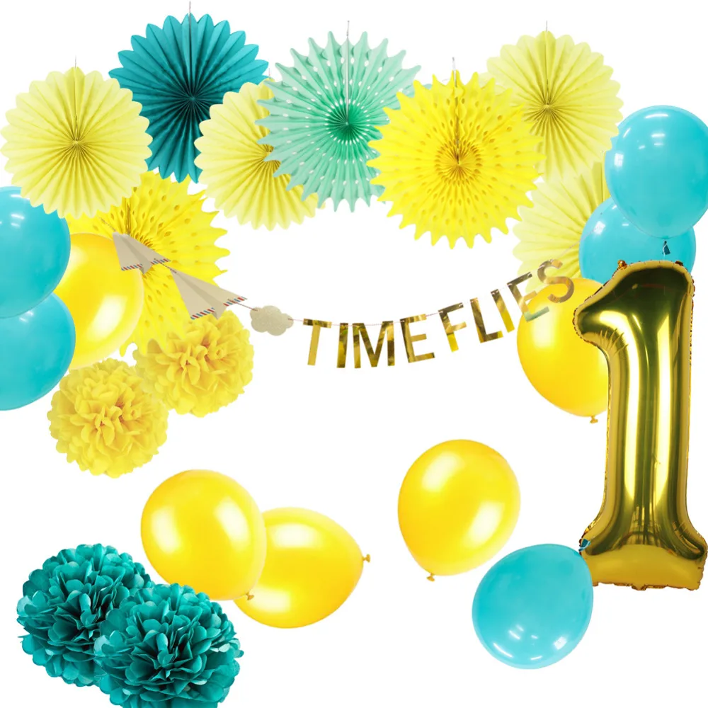 

24pcs (Teal,Yellow)First Birthday Party Decoration Set Airplanes Clouds Time Flies Banner Latex Balloons Number One Foil Balloon