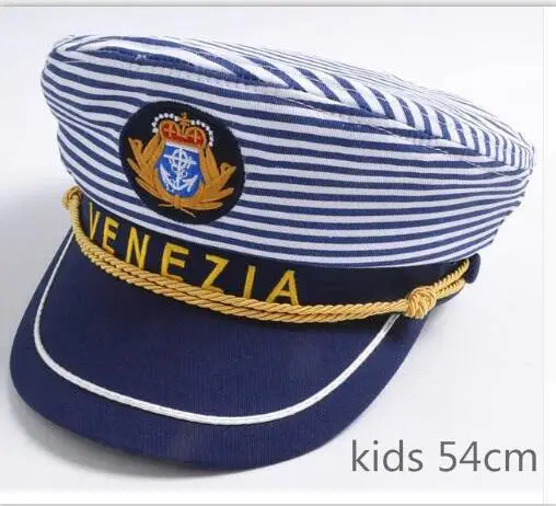 kids 54cm Темно-синяя кепка с надписью, синие горизонтальные полосы, мужская и женская детская атласная фуражка капитана, армейская сцена, для родителей, в стиле Венеции, Матросская шляпа - Цвет: kids 54cm