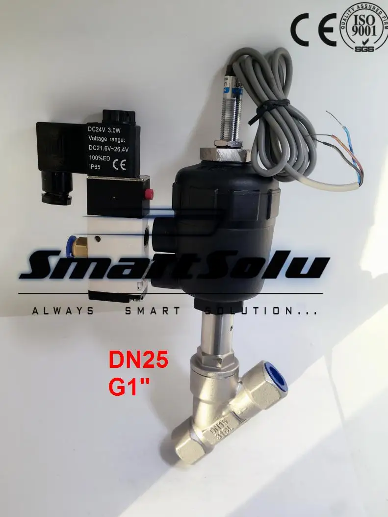 Free shipping DN25 pneumatic angle valve mounted with proximity switch and solenoid valve G1