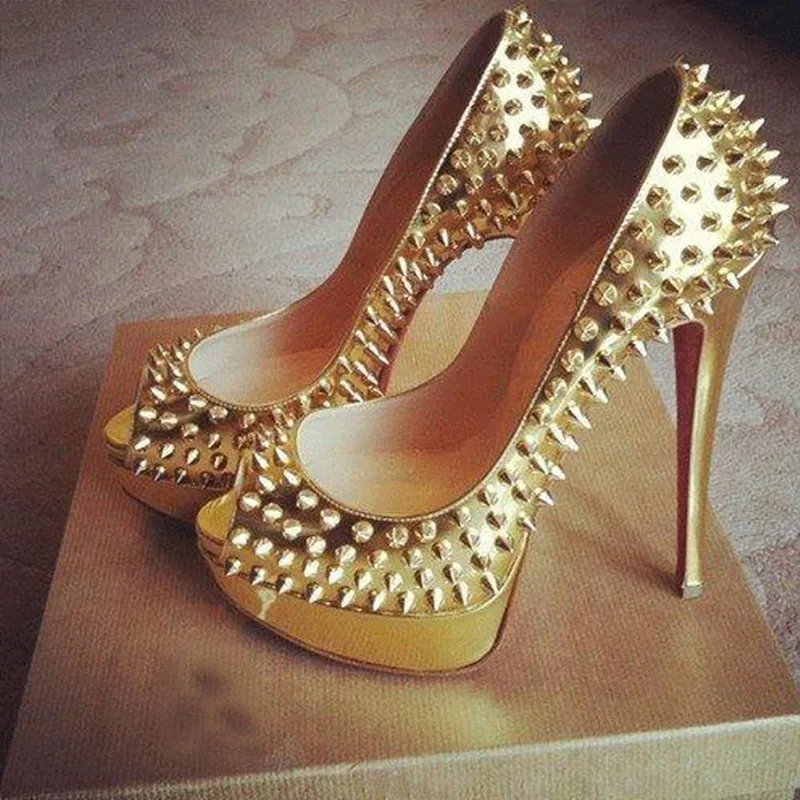 

2019 new arrive fashion gold color 12.5 cm high-heeled shoes women sandals waterproof party wedding rivets shoes peep toe pump
