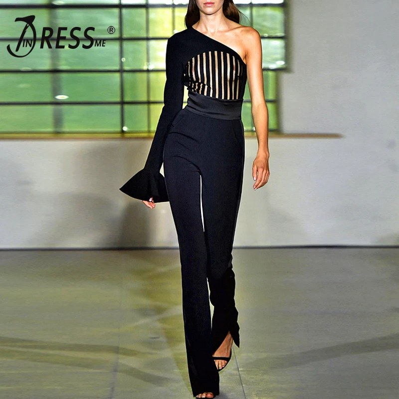 

INDRESSME Women Runway Jumpsuits One Shoulder Ruffle Hollow Out Mesh Jumpsuit Sexy Party Club Bodycon Bodysuit Hot Jumpsuit 2019