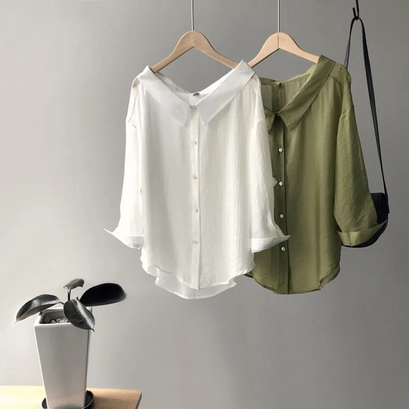 

Summer New 2019 Femme Casual Blouse Sunscreen Wear Transparent Turn-down Collar Loose Blusas Feminino Women Thin Chiffon Tops