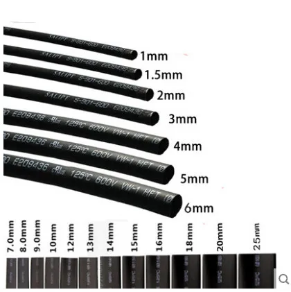 5 м/лот термоусадочные трубки Черный Цвет 1 мм 1,5 мм 2 мм 3 мм 4 мм 5 мм