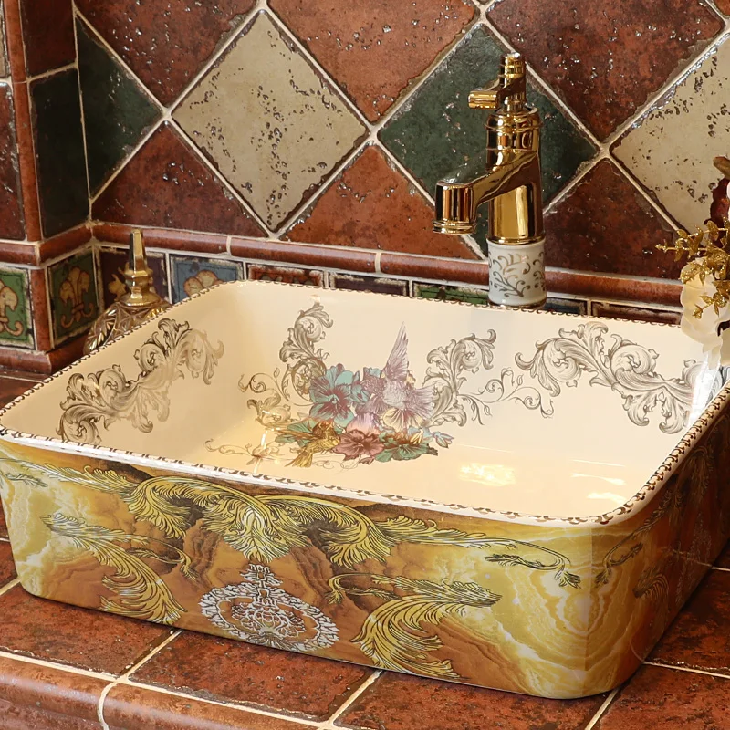 Jingdezhen factory directly art hand painted ceramic hair wash basin bathroom sinks rectangular (11)