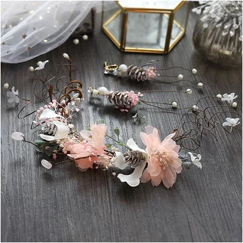 

Korean New Sweet Fairy Bride Headdress Mori garland earrings brides Hair Ornament Hair Hoop Set Wedding hair Accessories