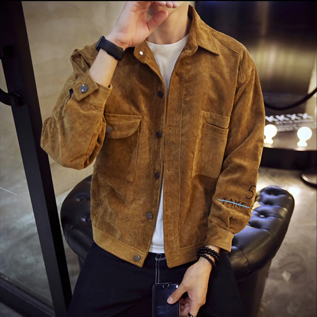 

2017 Spring Autumn Hot Corduroy Jackets Men Long Sleeve Turn Down Collar Slim Solid Bomber Jacket Gray Brown Khaki Outwear Coats