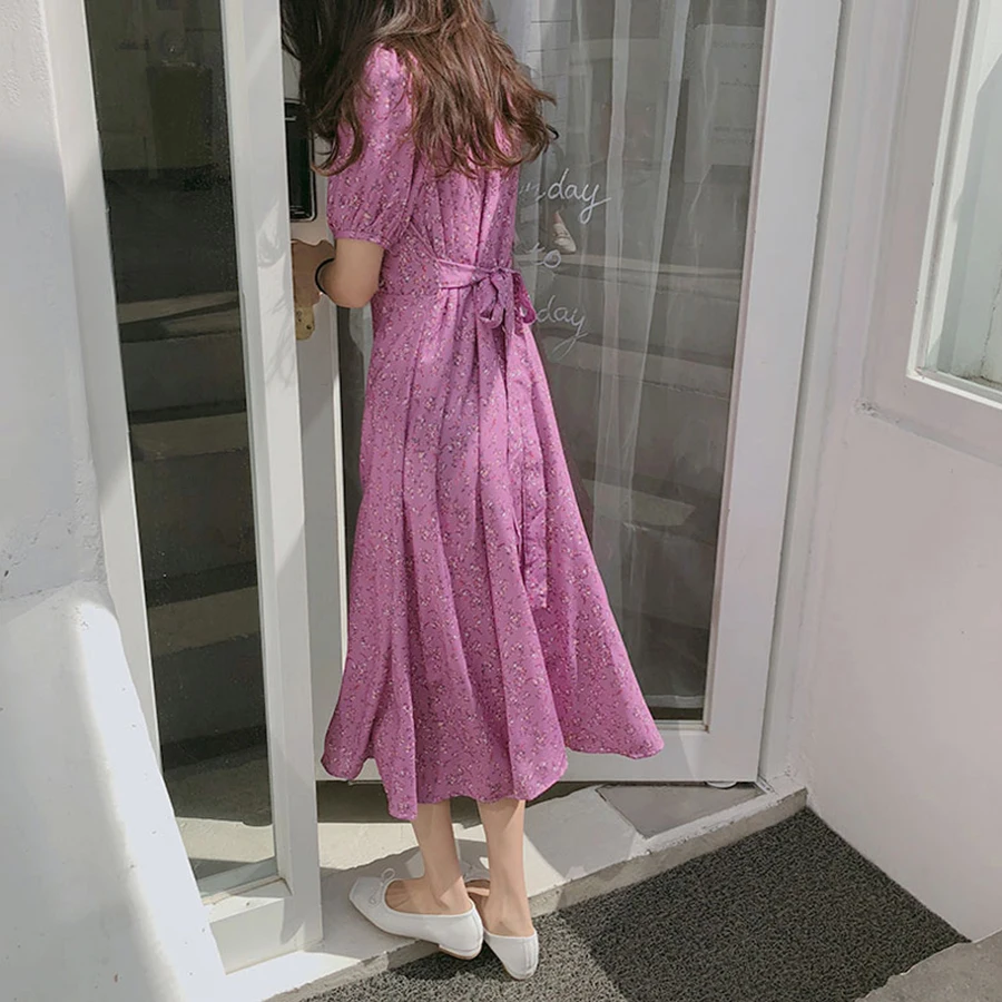 

High Waist Women Summer Floral Long Dress with Belt Sexy V-neck Short Sleeve Casual Beach Party Women's Summer Sundress Robe