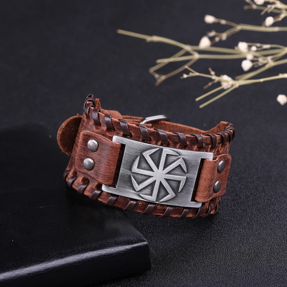 LIKGREAT Slavic Sun Wheel Kolovrat Talisman Charm Bracelets Leather Wrap Cuff Bracelet for Man Women Wicca Jewelry Accessories