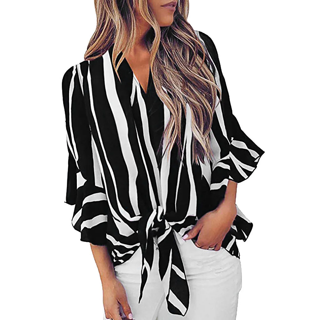 

Summer Womens Tops And Blouses Woman Clothes 2019 Vintage Striped Front Tie Blouse Women Tunic Ladies Tops Womens Clothing