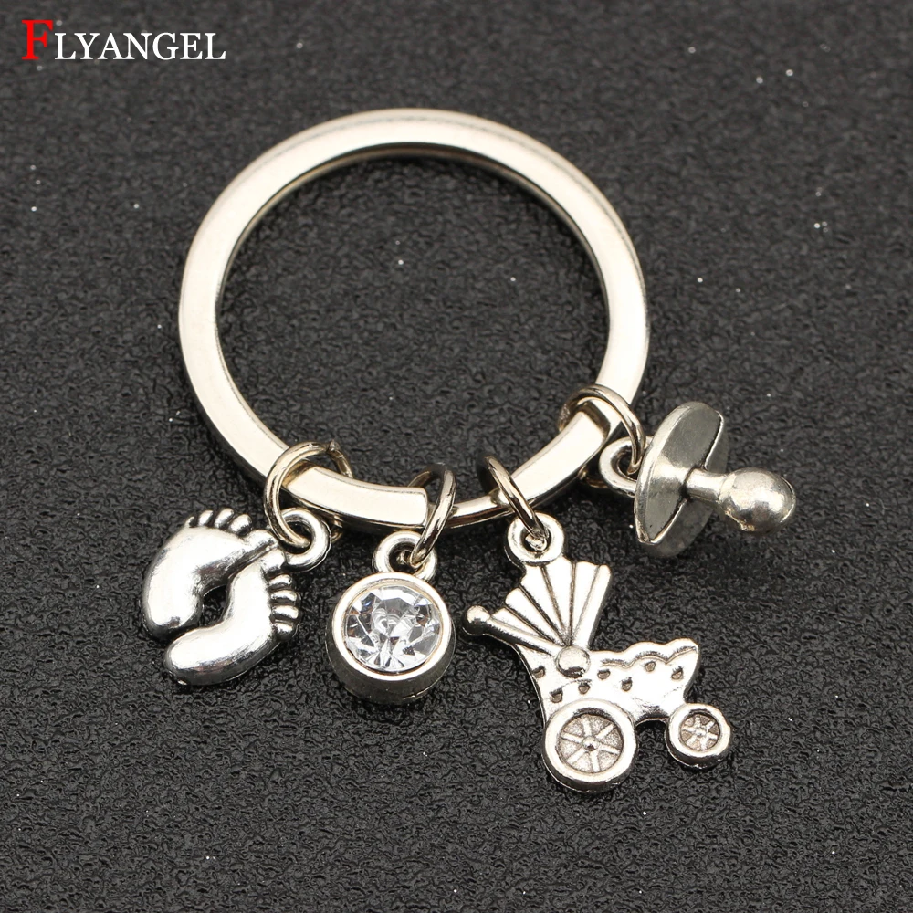 

Custom 12 Birthstone Crystal Baby Carriage, Baby Pacifiers Nipple, Footprint Baby First Step Charms Keychain Women Alloy Keyring