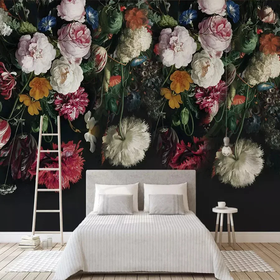 Custom 3d mural Large mural hand-painted floral wallpaper bedroom TV backdrop wallpaper American retro dark wall paper mural Custom 3d mural Large mural hand-painted floral wallpaper bedroom TV backdrop wallpaper American retro dark wall paper mural