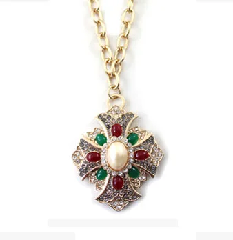 

2014 New Design Palace Rhinestones Colorful Imitation Gemstone Cross Baroque Pendant Necklace