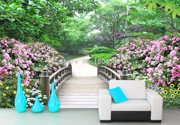 Пасторальный стиль садовый деревянный мост свежие натуральные обои для гостиной Кафе Декор интерьера обои Papel де Parede цветочный