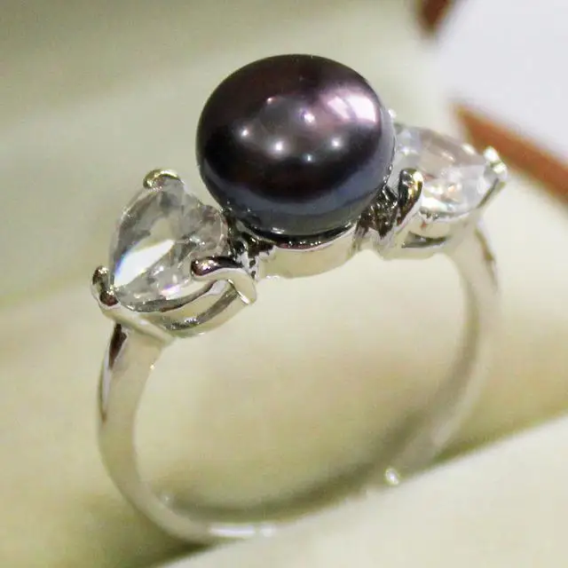 

Hot sell Noble- FREE SHIPPING>>>@@ new! lady's silver plated ring with crystal decorated & 9-10mm black shell pearl ring(#7 8 9