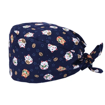 

Unisex Navy Japan's Lucky Maneki Neko Print Surgical Cap Scrub Nurse Hat Nurse Work Hats 100% Cotton Surgeon Opticians Hats