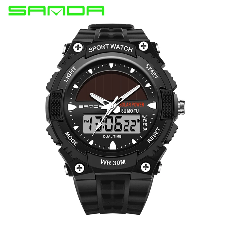 

SANDA New Fashion Japan Movt Men Sport Solar Watch Led Dual Timezone Digital Analog Wristwatch Delicate Waterproof Wrist Watch