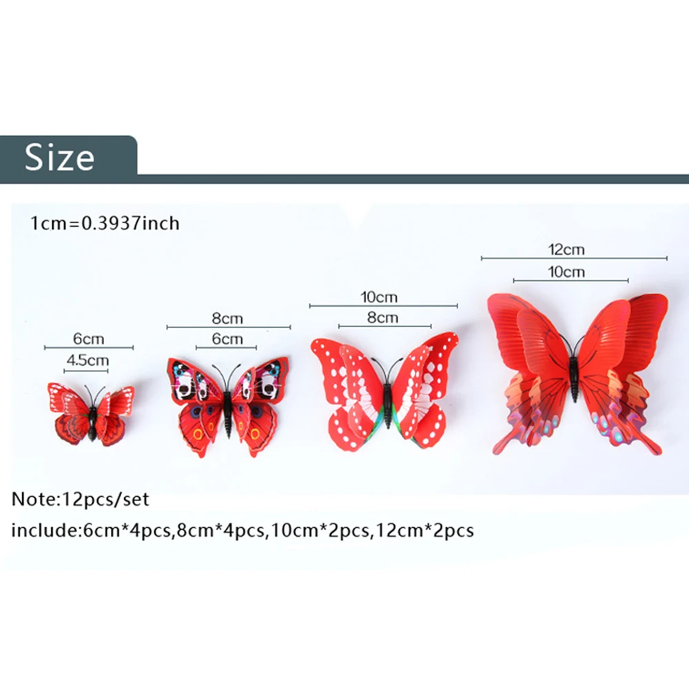 12 шт многоцветная 3D Наклейка на стену с бабочкой, магнит ПВХ, бабочки, для свадебной вечеринки, для детской комнаты, спальни, холодильника, художественное украшение