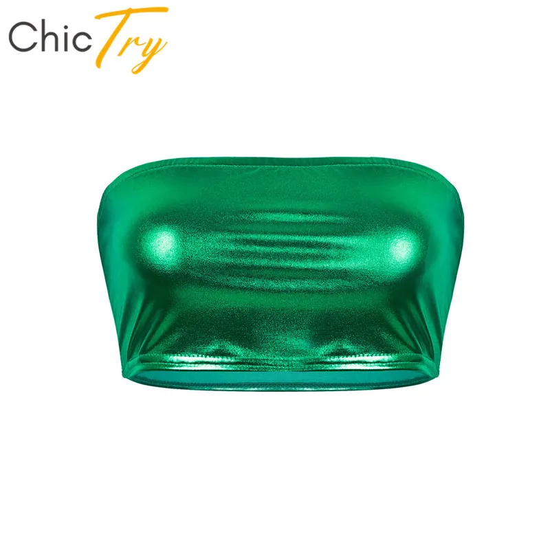 

ChicTry Women Shiny Metallic Club Party Stage Pole Dance Costume Strapless Dance Tube Tops No-Padded Bra Bandeau Sexy Crop Tops