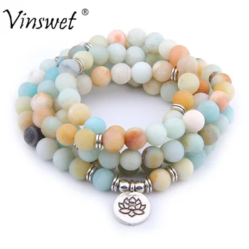 

Fashion Women`s Bracelet Matte Frosted Amazonite Beads with Lotus Buddha Charm Yoga Bracelet for Men Women 108 Mala Necklace