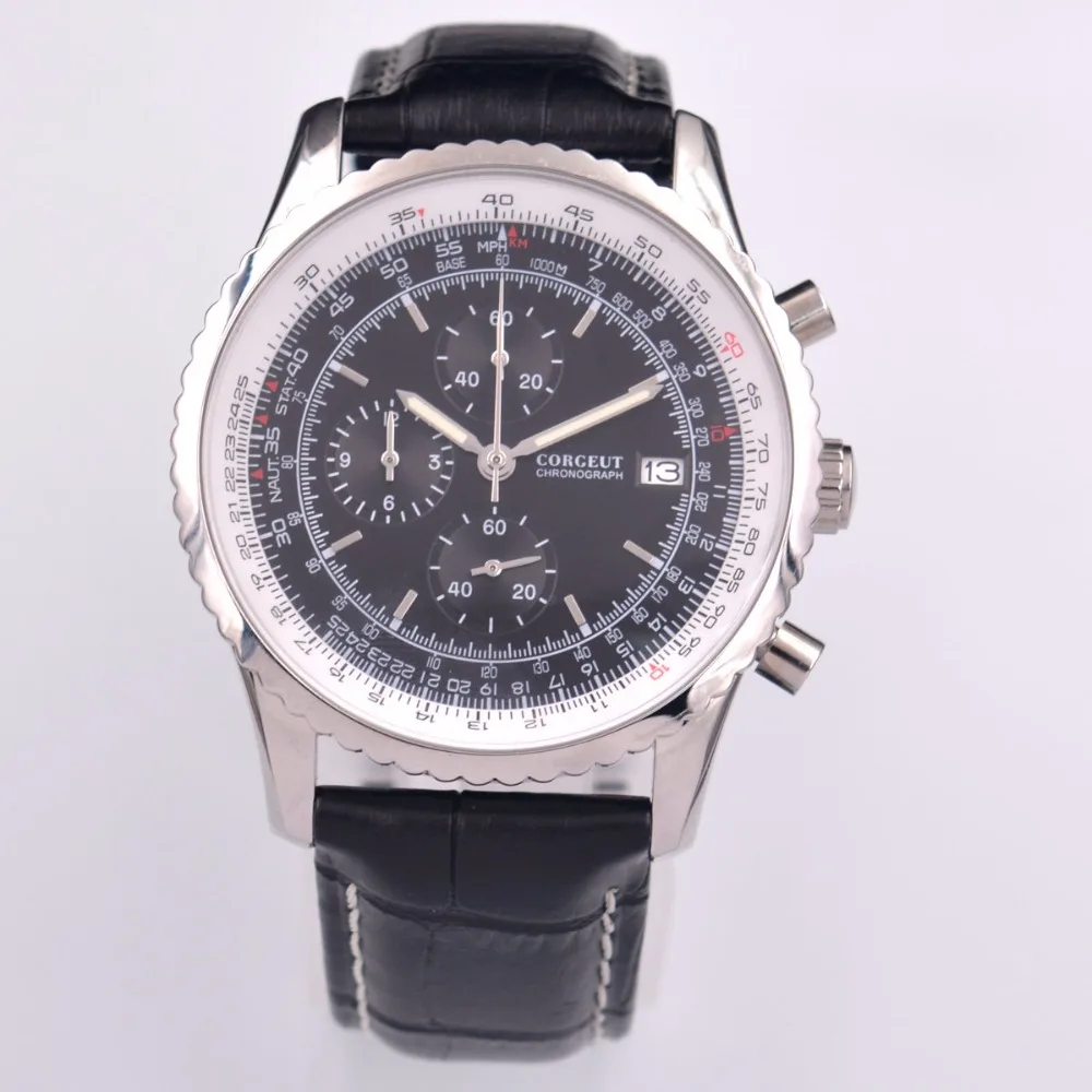 46 мм Corgeut черные кварцевые мужские часы спортивные часы Полный Хронограф КОЖА