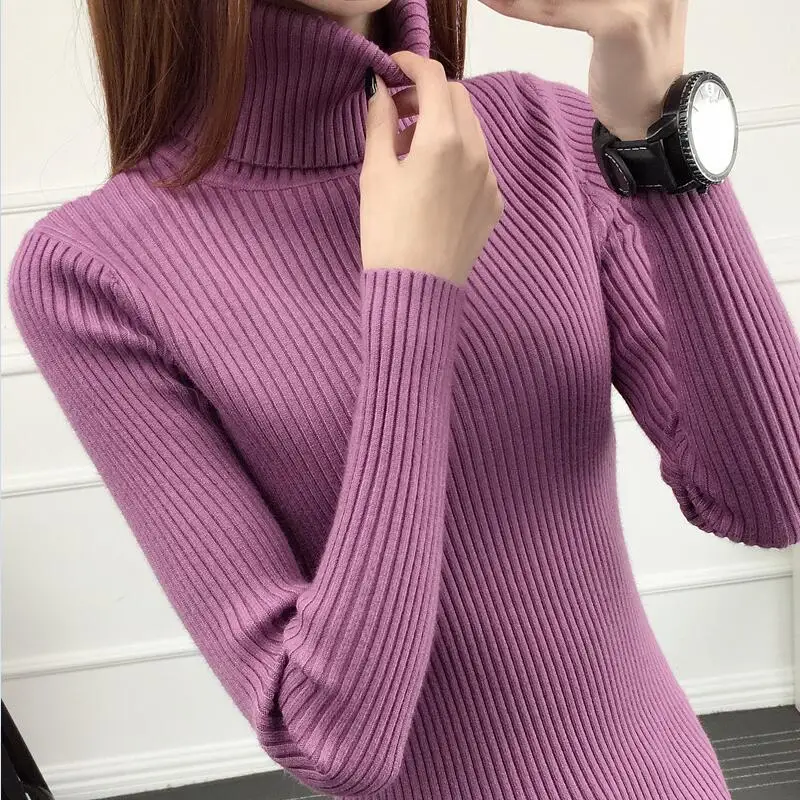Осенне-зимний женский пуловер с высоким воротом, свитер, вязаный эластичный Повседневный джемпер, модный тонкий теплый женский свитер с высоким воротом - Цвет: purple