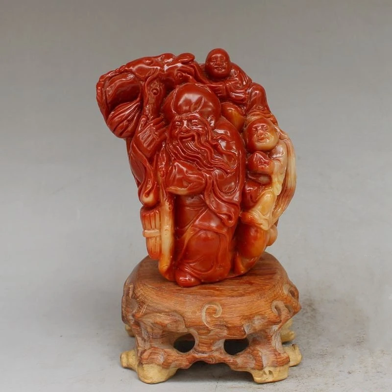 

4.3inch Chinese Hand-carved Shoushan Stone Longevity Old Man Shou Star Shou Peach Statue Sculpture