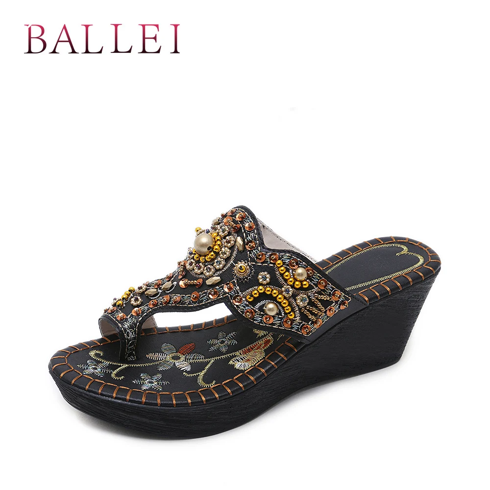 

BALLEI Luxury Woman Summer Slipper Vintage PU Comfortable Wedges Vintage Crystal Shoes Fashion Lady Ethnic Retro Soft Slides T19