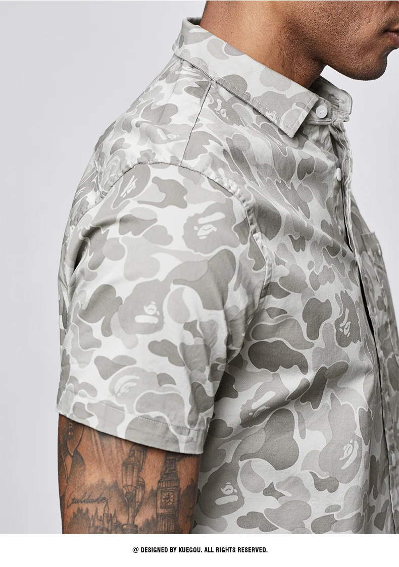 KUEGOU летняя хлопковая камуфляжная рубашка, Мужская одежда, повседневная приталенная уличная рубашка с коротким рукавом для мужчин, Военная Рубашка 8817