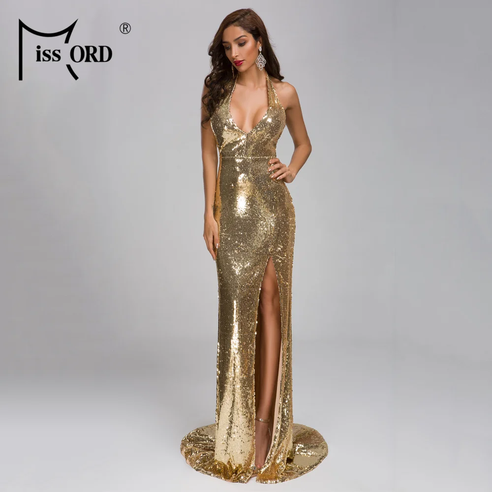 

Missord 2019 Sexy Deep V Off Shoulder Backless Dresses Female Sequin High Split Dress Maxi Elegant Dress FT19281
