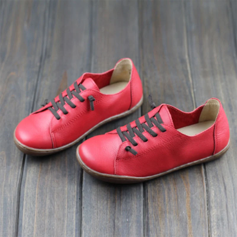 MCCKLE/Женская обувь на плоской подошве; осенние мокасины на платформе со шнуровкой; женская повседневная обувь из натуральной кожи; обувь с вышивкой; большие размеры - Цвет: Красный
