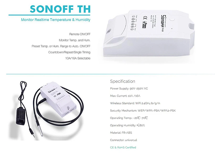 Sonoff TH10 T16 WiFi умный дом пульт дистанционного управления DIY беспроводной термостат температуры и влажности модуль полностью автоматический режим