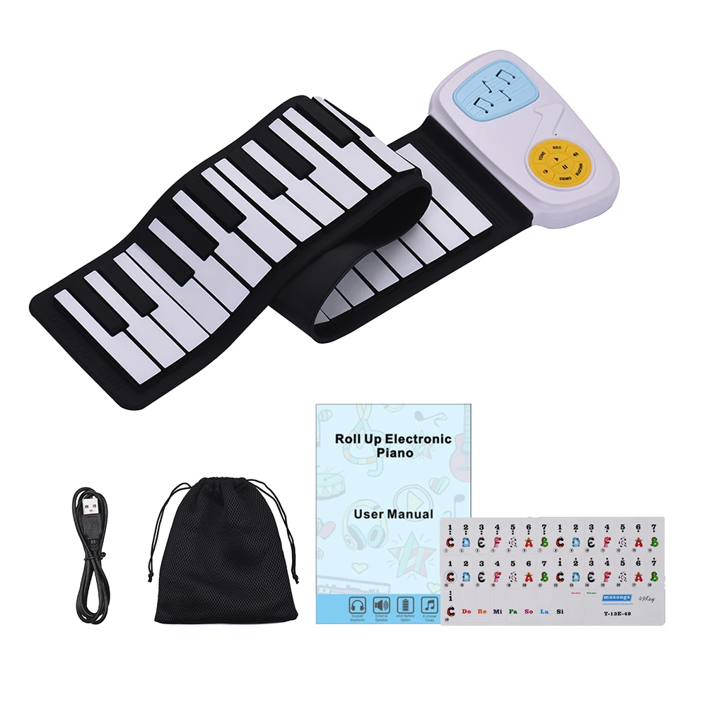Portable 49-Key Silicon Electronic Keyboard Roll-Up Piano Built-in Speaker With Cartoon Sticker for Children Kids