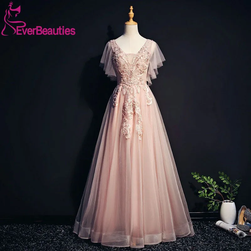 

Evening Dresses Long 2019 V Neck Appliques Beaded Tulle Party Gowns Evening Gowns Robe De Soiree Vestidos De Fiesta Noche