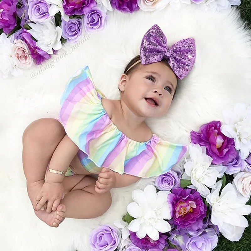 

2019 Summer Children Baby Girls Clothes Casual Sleeveless Rainbow Printing T-shirt Tops+Shorts 2Pcs Suits Costume Set