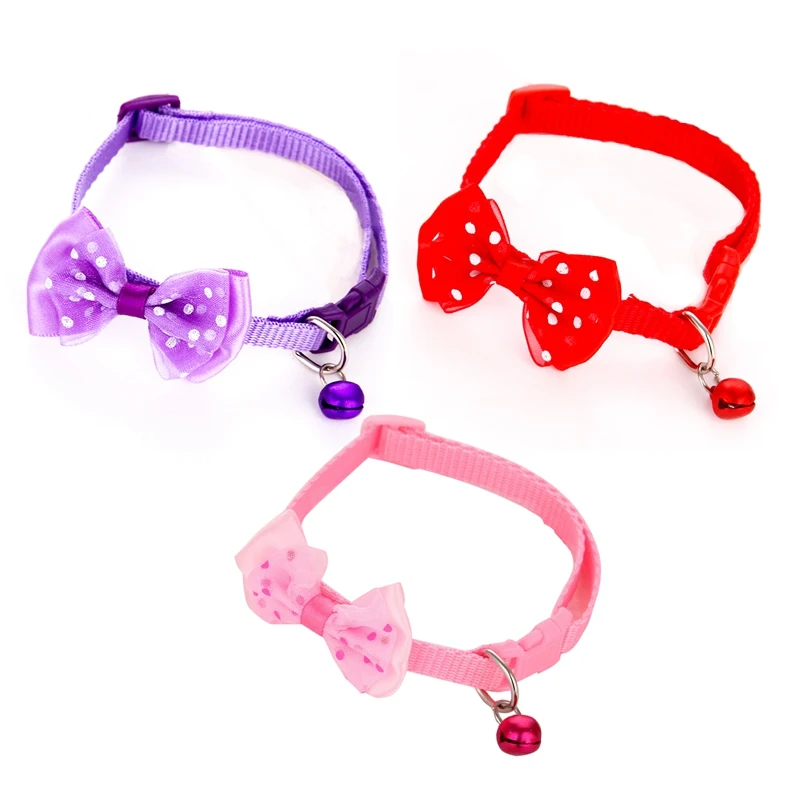 Adjustable Polyester Dog Collars Pet Collars With Bowknot Bells Charm